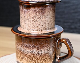 Handmade Glazed Espresso Ceramic Coffee Set Vietnamese Phin Filter & Mug | Slow Drip Brewing Coffeeware, Craft Coffee Gift for Home Decor