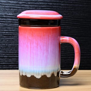 Juego de taza infusora de té de cerámica esmaltada roja hecha a mano con tapa y colador / Regalo de taza de té zen