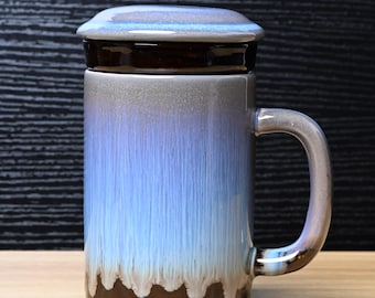 Blue Glaze Handmade Ceramic Tea Infuser Mug Set with Lid & Strainer | Zen Tea Cup Gift