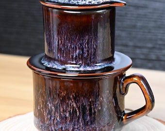 Handmade Glazed Chocolate Ceramic Coffee Set Vietnamese Phin Filter & Mug | Slow Drip Brewing Coffeeware, Craft Coffee Gift for Home Decor