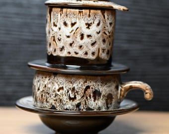 Handmade Glazed White Ceramic Coffee Set: Vietnamese Phin Filter & Mug | Slow Drip Brewing Coffeeware, Craft Coffee Gift for Home Decor