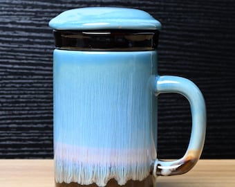 Zestaw ręcznie robionych ceramicznych kubków do herbaty z jasnoniebieskim szkliwem, z pokrywką i sitkiem | Kubek do herbaty Zen Tea Cup Gift