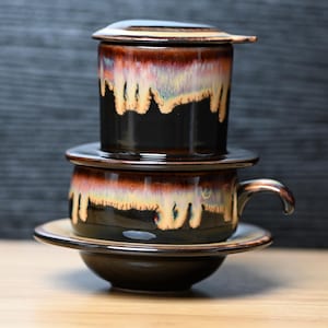 Handmade Glazed Mocha Beige Ceramic Coffee Set Vietnamese Phin Filter & Mug | Slow Drip Brewing Coffeeware, Craft Coffee Gift for Home Decor