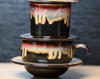 Handmade Glazed Mocha Beige Ceramic Coffee Set Vietnamese Phin Filter & Mug | Slow Drip Brewing Coffeeware, Craft Coffee Gift for Home Decor