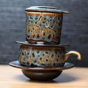 Handmade Glazed Coral Reef Blue Ceramic Coffee Set Vietnamese Phin Filter Mug Slow Drip Brewing Coffeeware, Craft Coffee Gift for Home Decor