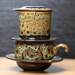 Handmade Glazed Matcha Ceramic Coffee Set: Vietnamese Phin Filter & Mug | Slow Drip Brewing Coffeeware, Craft Coffee Gift for Home Decor