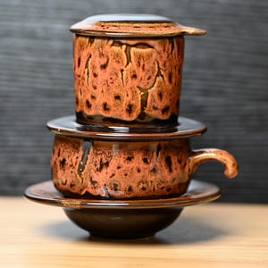 Handmade Glazed Orange Ceramic Coffee Set: Vietnamese Phin Filter & Mug | Slow Drip Brewing Coffeeware, Craft Coffee Gift for Home Decor