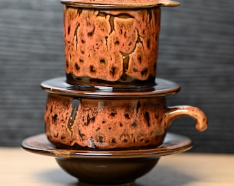 Ręcznie robiony glazurowany pomarańczowy ceramiczny zestaw do kawy: wietnamski filtr Phin i kubek | Naczynia do parzenia kawy metodą slow drip, prezent kawowy do wystroju domu