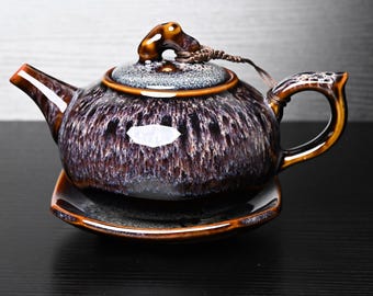 Zestaw do herbaty Dark Ember Bloom – ręcznie robiona ceramika Bát Tràng | 1 czajniczek, 6 filiżanek i spodków