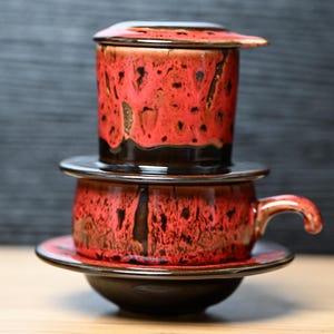 Handmade Glazed Red Ceramic Coffee Set: Vietnamese Phin Filter & Mug | Slow Drip Brewing Coffeeware, Craft Coffee Gift for Home Decor