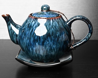 Zestaw do herbaty „Azure Ember Bloom” – ręcznie robiona ceramika Bát Tràng | 1 czajniczek, 6 filiżanek i spodków