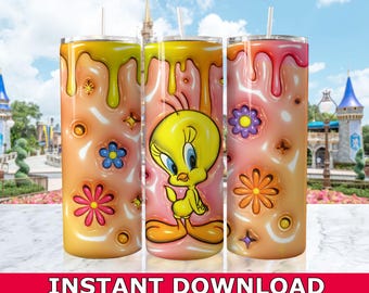 Tweety Bird Inflated Skinny Tumbler PNG, Dlsney Tumbler Wrap Png, Tweety Bird Cartoon Tumbler Wrap Sublimation PNG Instant Download