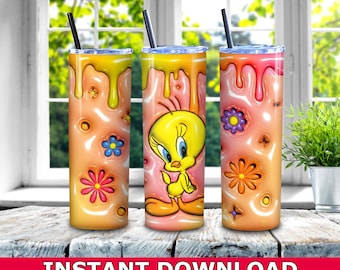 Tweety Bird Inflated Skinny Tumbler PNG, Dlsney Tumbler Wrap Png, Tweety Bird Cartoon Tumbler Wrap Sublimation PNG Instant Download