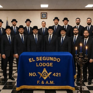 May include: A group of men in dark suits and hats pose for a formal portrait. They stand behind a blue table with gold lettering that reads "EL SEGUNDO LODGE NO. 421 F. & A.M." A candelabra with lit candles is in the foreground.