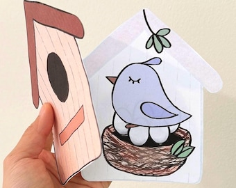Bird House Paper Craft: Printable Coloring Activity (Digital Download)