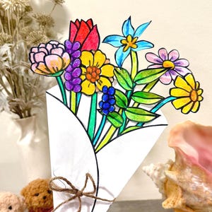Créations en papier et coloriages pour un bouquet de fleurs - Activités printanières amusantes (une version précolorée est également incluse)