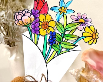 Build a Flower Bouquet Paper Craft & Coloring Printables - Fun Spring Activities (Pre-Colored Version Also Included)
