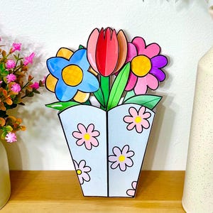 3D-bloempot afdrukbaar knutselen en kleuren: leuke lenteactiviteiten (ook voorgekleurde versie inbegrepen)