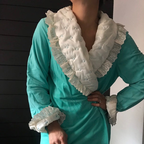 vintage maxi robe, teal beige, romantic, one size fits most, 1970s, retro, lingerie, nightwear, satin quilted, tie, comfortable