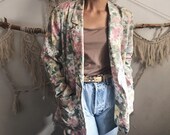 Vintage pastel 80s blazer, soft palette floral jacket, long boxy power blazer, 1980s, pink, yellow, green, size 8