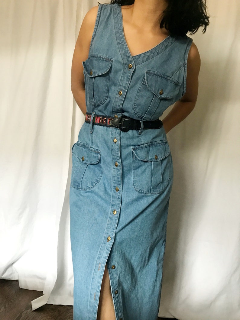 Vintage 90s denim button down shirt dress XL light blue midi image 6