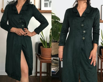 Vintage 1950s Russeks design studio coat dress, wrap long sleeve button down jacket, green velvet, heirloom details, fitted front slit small