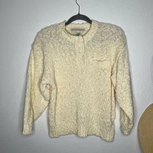 Vintage 1980s creamy yellowy beige pullover sweater open knit Joan Harper size 8 acrylic soft open knit, classic minimalist retro
