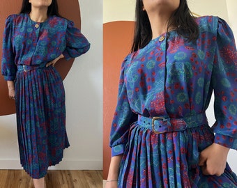 vintage midi pleated skirt belted dress, long sleeve floral blue red green