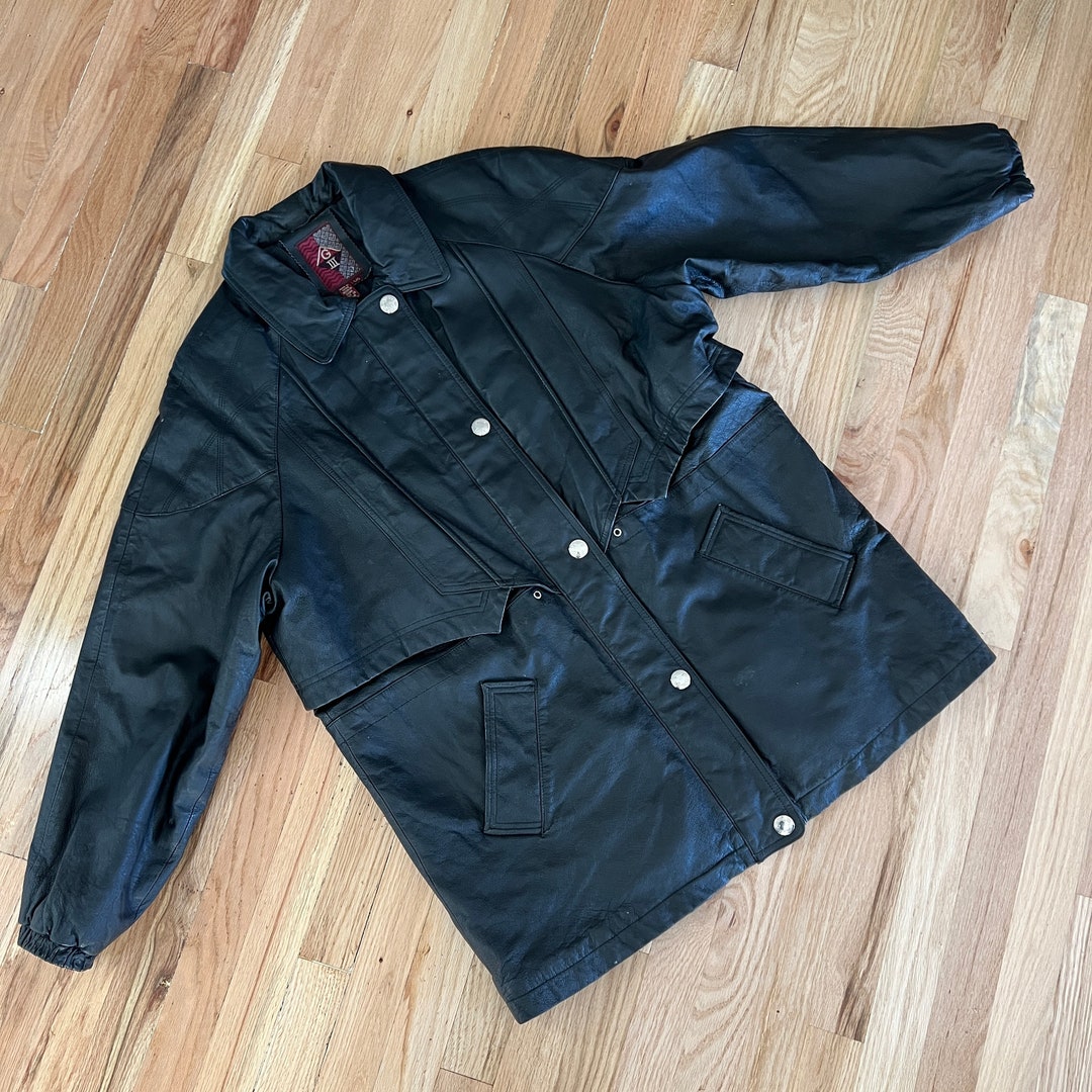 Vintage Leather Jacket, Mens Retro Leather Coat, Long Length, Casual