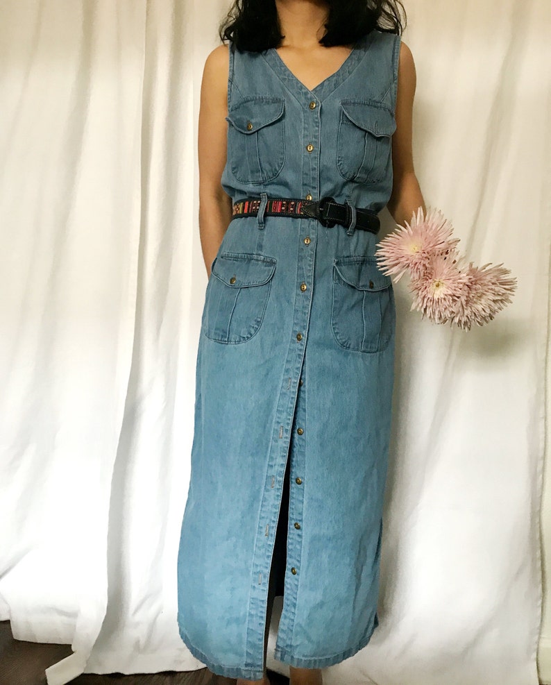 Vintage 90s denim button down shirt dress XL light blue midi image 3