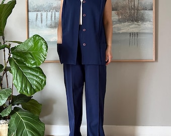 Vintage Marinblått Tvådelat Set Minimalistiskt Västbyxkostym Ärmlös Matchande Set Vida Byxor Avslappnad Passform Medium Large
