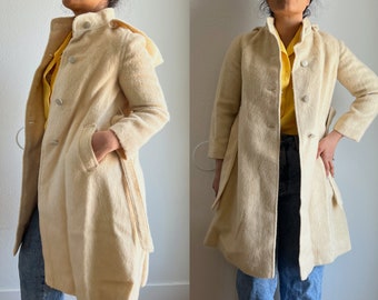 vintage 50s 60s beige wool coat XXS, girls 14/16, swing car coat, retro mod minimalist, belted overcoat jacket, neutral market made in Italy