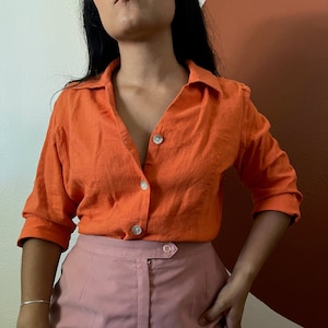 vtg 90s Selene sport linen bright orange button down v neck blouse shirt Medium