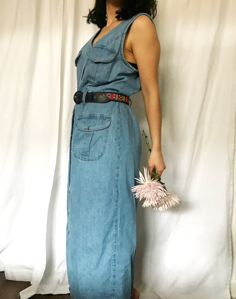 Vintage 90s denim button down shirt dress XL light blue midi image 4