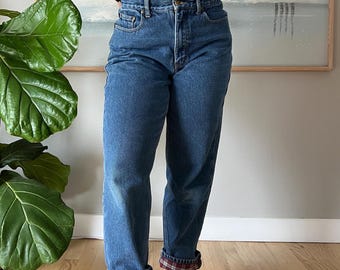Jeans vintage Eddie Bauer a cuadros, con puños forrados, de mezclilla, cintura alta, pierna recta, estilo años 90, de algodón, para actividades al aire libre.