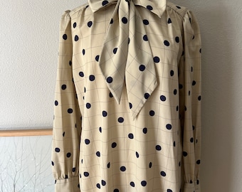 Vintage blue polka dot midi shift dress modern modest bow front romantic large