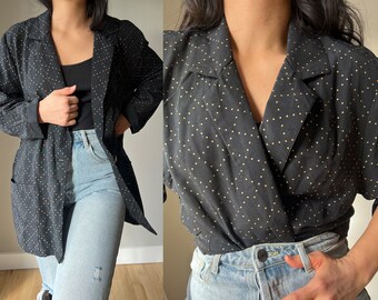 Vintage polka dot blazer, black gold glam, long sleeve, casual streetwear, retro market jacket, vintage coat