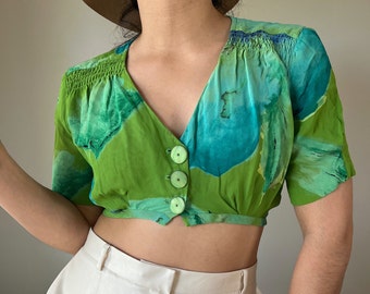 Vintage reworked crop top, green bold maximalist, cute retro market top, size 4 small, reworked vtg