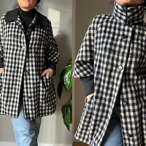 Vintage 60s betty Rose black and white checkered coat, union made swing coat, 3/4 length sleeves, ribbed knit details, Medium Large
