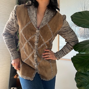 Veste bohème en tricot en daim, cardigan en patchwork marron, cottagecore western rustique