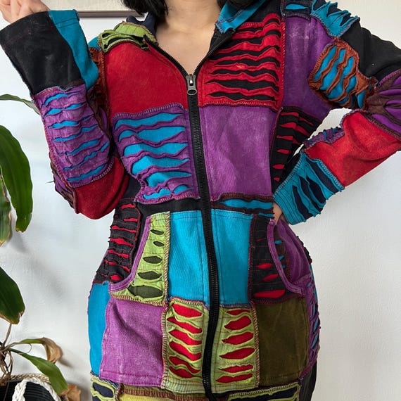 Y2K Patchwork Zip Jacket Psychedelic Festival Coa… - image 1
