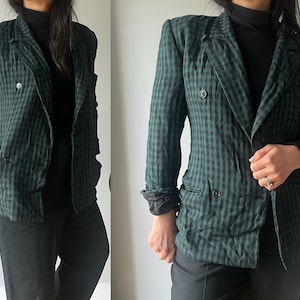 Vintage 80er Jahre grün schwarz karierter Blazer, The Limited, taillierter Blazer, klassische minimalistische Basics, Retro Medium Rayon Jacke