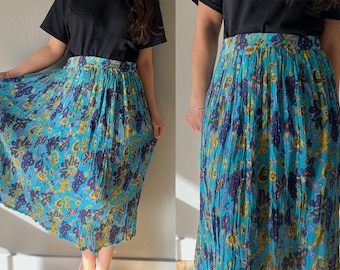 Vintage 80s micro gathered light sheer blue floral midi skirt, market bohemian retro, romantic statement bottoms, full purple green, medium