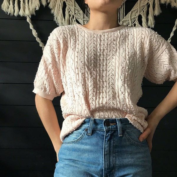 Vintage 80s pearl knit cable sweater / Marisa Christina pink short sleeve blouse / romantic pastel top / petite small / victorian crew neck