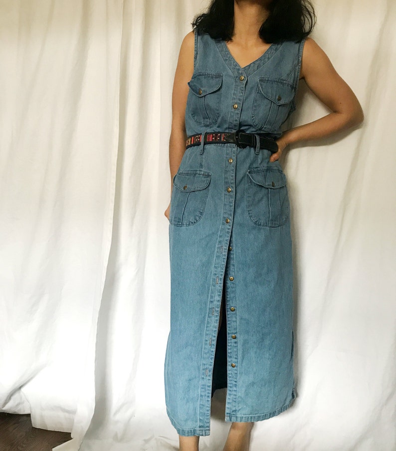 Vintage 90s denim button down shirt dress XL light blue midi image 7