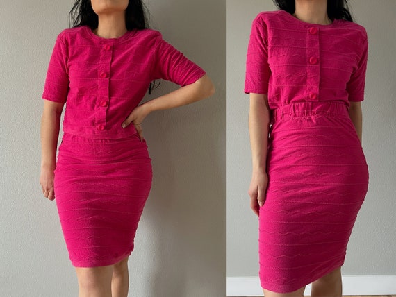 Vintage 80s hot pink knit two piece fitted skirt … - image 1