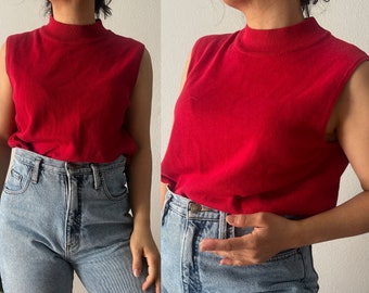 Vintage red sleeveless turtleneck cotton blend knit tank casual everyday minimalist market top petite medium knitwear