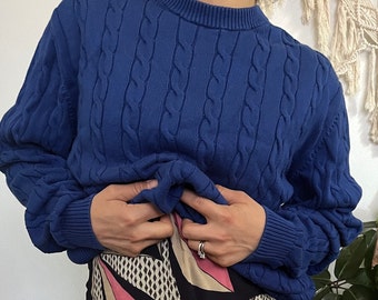 vintage blue knit sweater, pullover cable knit, crewneck, cobalt blue, 80s 90s retro, everyday minimalist long sleeve vtg, Large cotton