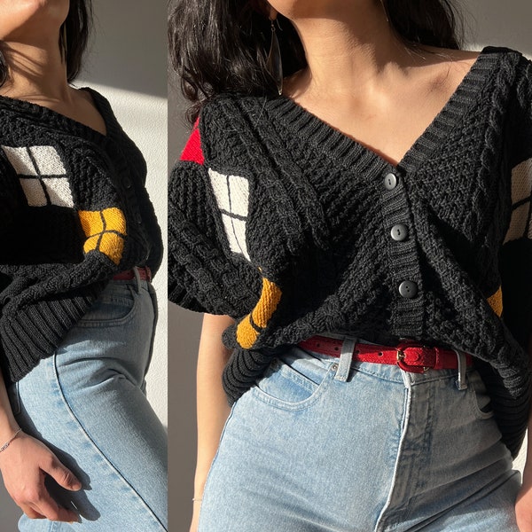Vintage 80s oversized diamond retro cable knit waist topper vest, market knit, 2X