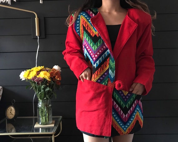 1990s bright red oversized patchwork blazer coat w